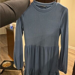 Women’s Ribbed Long-Sleeve Blue Tiered Dress